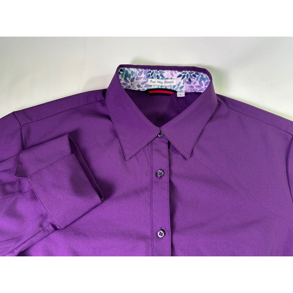 Four Way Stretch Women's Large Purple Shirt‎ Floral Collar Long Sleeve Button Up